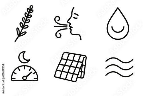 Relaxation Icons. Sleep Wellness linear icon set: lavender sprig, breathing icon, calming drop, rest tracker dial, weighted blanket, soothing wave