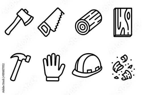 Woodworking Tools Icons. Woodworking concept linear icon set: axe, saw, log, wooden plank, hammer, glove, helmet, chip pile