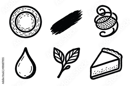 Artful Culinary Icons. Plated Art linear icon set: textured plate, brushstroke, sugar decoration, sauce drop, garnish, perfect slice