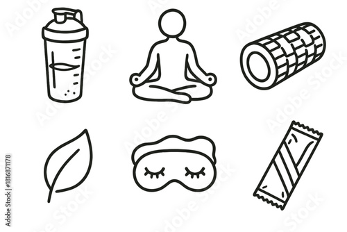 Recovery and Nutrition Icons. Recovery & Nutrition set of icons in doodle hand-drawn vector style: protein shake, yoga pose, foam roller, leaf icon, sleep mask, energy bar