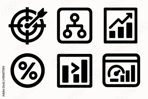 Performance Metric Icons. Performance Metrics silhouette icon set. precision symbol, recall icon, F1 score chart, accuracy percentage, comparison bars, benchmark dashboard.