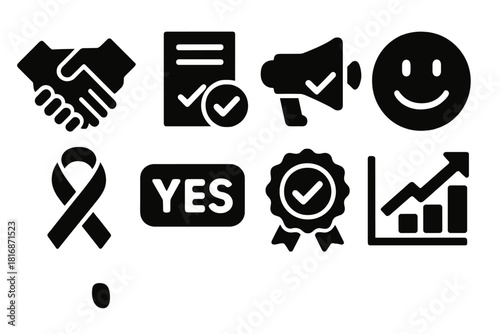 Icons of Unity. Agreement & Support silhouette icon set: hands clasping, document with check, megaphone approval, nodding face, support ribbon, yes button, approval seal, positive