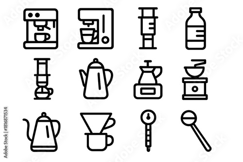 Coffee Brewing Icons. Coffee Brewing Methods linear icon set. espresso machine, drip coffee maker, AeroPress, cold brew bottle, siphon brewer, percolator, scale and timer, coffee
