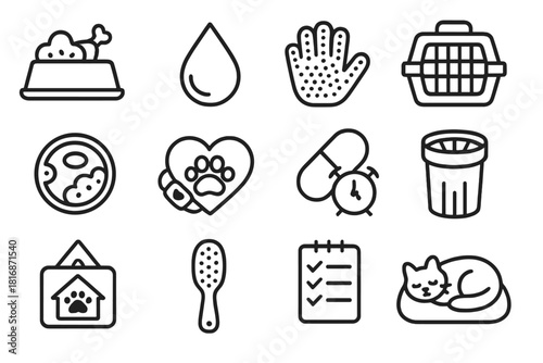 Pet Wellness Icons. Pet Wellness Kit linear icon set: balanced diet icon, fresh water drop, grooming glove, comfort crate, enrichment toy, exercise tracker, medication reminder