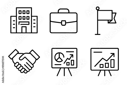 Corporate Icons & Symbols. Corporate brand identity linear icon set. building, briefcase, document chart, flag, handshake, chart board.