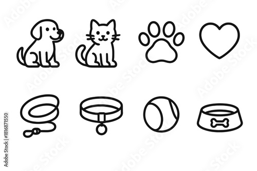 Pet Symbol Icons. Loyal Friends linear icon set. dog, cat, paw print, heart, leash, collar, toy ball, food bowl