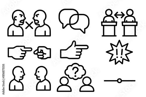 Debate Icon Set. Disagreement & Debate linear icon set. two people arguing, crossed speech bubbles, opposing arrows, debate podiums, conflict symbol, pointing hands, question mark