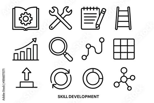 Skill Development Icons. Skill Development linear icon set: training book, practice tools, guided notes, capability ladder, improvement chart, focus lens, learning path, step