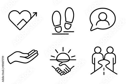Guided Growth Icons. Personal Mentorship Set linear icon set: heart guidance, steady steps, reflective bubble, encouraging hand, rising sun arc, trust emblem, shared path, nurture