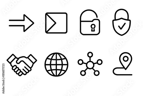 Networking Icons Set. Networking Concepts linear icon set: data flow arrow, packet icon, handshake symbol, encrypted lock, subnet grid, domain globe, topology map, route marker