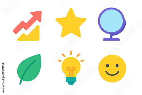 Iconic Confidence Symbols. Confidence Growth flat icons set. upward arrow, star, mirror, leaf, light bulb, smile