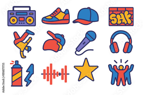 Urban Dance Vibes. Street Music and Dance set flat icon set: boom box, sneakers, breakdancer, graffiti wall, cap, microphone, headphones, spray can, beat wave, star, rhythm arrow