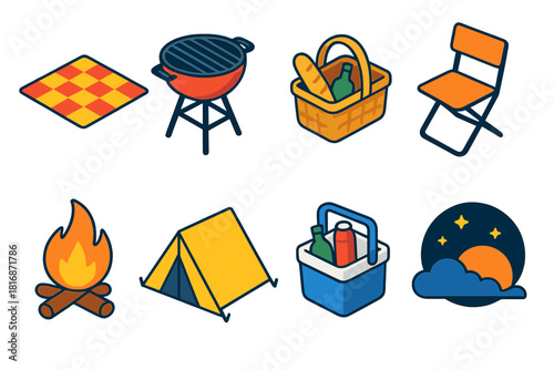 Isometric Picnic Icons. Outdoor Gathering flat icons set. picnic blanket, barbecue grill, picnic basket, folding chair, bonfire, tent, drinks cooler, evening sky