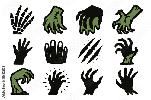 Undead Icon Collection. Undead Grasp Collection silhouette icon set: bony hand, stitched hand, goo-dripping fingers, green decay arm, grasping silhouette, cracked nails, horror