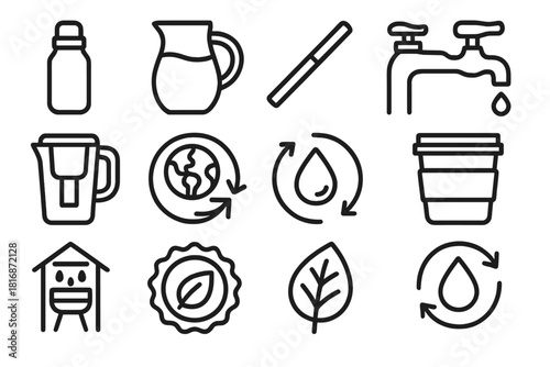 Eco-Friendly Hydration Icons. Eco-Friendly Hydration linear icon set: stainless steel bottle, glass jug, bamboo straw, refill tap, filtered pitcher, zero waste logo, droplet