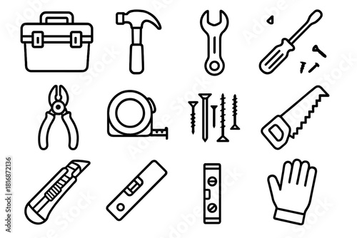 Toolbox Essentials. Toolbox Set linear icon set. toolbox, hammer, wrench, screwdriver, pliers, tape measure, nails, screws, saw, utility knife, level, glove. , .
