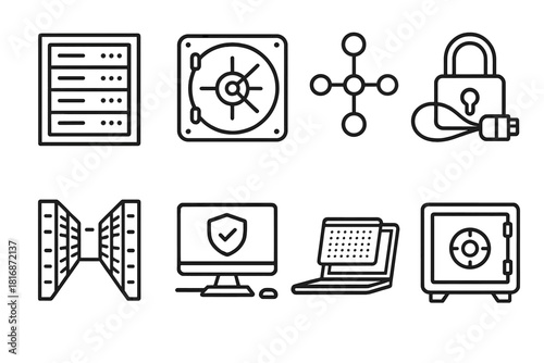 Data Security Icons. Data Security Practices Environment linear icon set: server rack, vault door, network diagram, cable lock, data center aisle, workstation screen, privacy