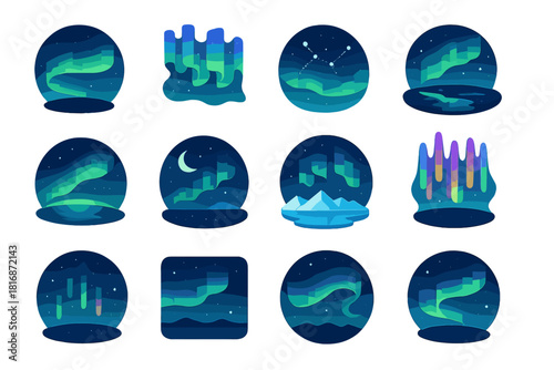 Isometric Aurora Icon Set. Celestial aurora icons flat icons set. night sky band, dancing lights, constellation path, starlit reflection, glowing horizon, moonbeam, frozen tundra