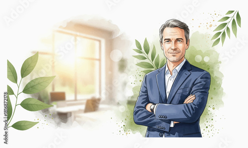 Confident Businessman Portrait with Arms Crossed and Watercolor Background Design
