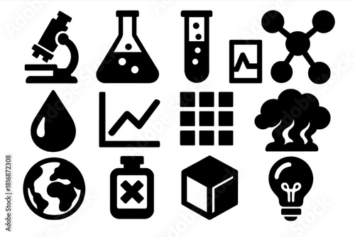 Bold Scientific Icons. Scientific Pollution silhouette icon set: microscope, lab flask, test tube, molecular model, water droplet, graph chart, data grid, smoke cloud, globe