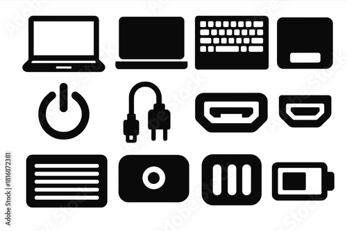 Brutalist Laptop Icons. Laptop Essentials Set silhouette icon set: open laptop, closed laptop, keyboard, trackpad, power button, charging cable, USB port, HDMI port, cooling vent