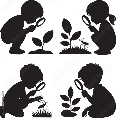 Children silhouettes observing plants and insects with magnifying glass