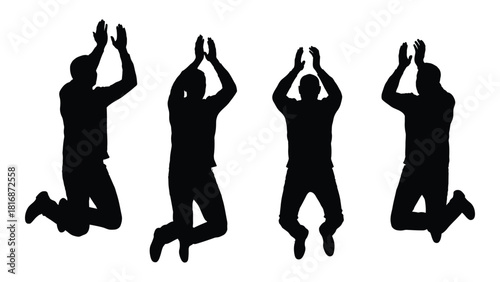 Four men jumping and applauding silhouettes isolated on white background, Vector