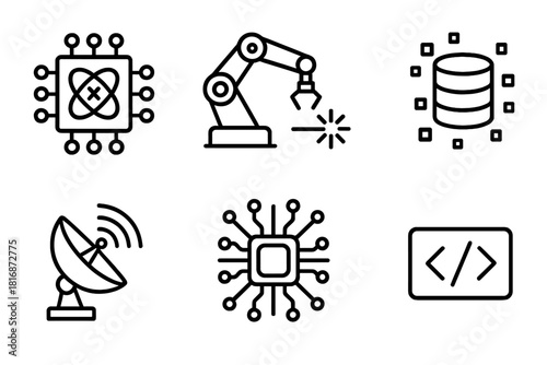 Futuristic Tech Icons. Future Technology linear icon set: quantum chip, robotic arm, laser beam, data cluster, satellite link, circuit pattern, glowing sphere, code line