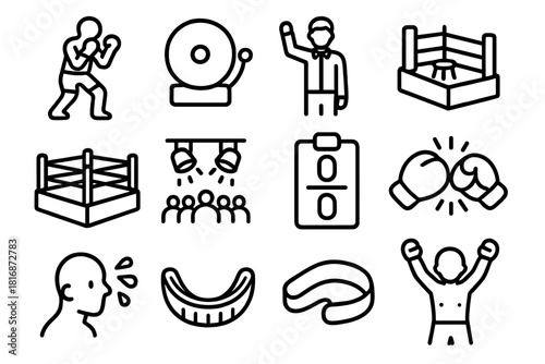 Boxing Ring Icons. In the ring linear icon set. fighter stance, bell, referee, corner stool, ring ropes, spotlights, crowd, scorecard, glove bump, sweat spray, mouthpiece, victory