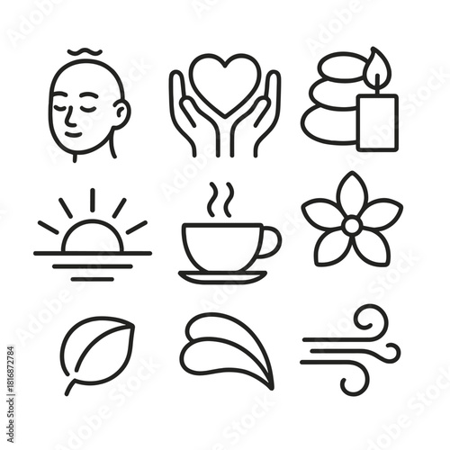 Wellness Icons Collection. Recovery & Wellness linear icon set. peaceful mind, hands holding heart, spa stones, candle flame, flower petal, sunrise horizon, tea cup, gentle breeze