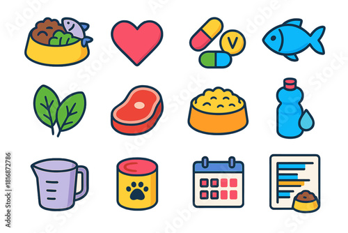 Pet Diet Icons. Healthy Pet Diet flat icon set: balanced meal bowl, heart symbol, vitamins, fish icon, leafy greens, meat chunk, grain bowl, hydration bottle, measuring cup, pet