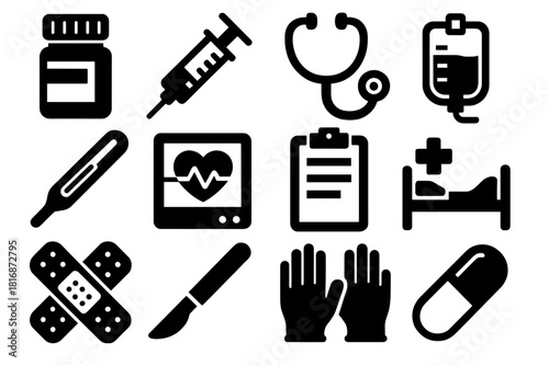 Bold Medical Icons. Medical Treatment silhouette icon set. pill bottle, syringe, stethoscope, IV bag, thermometer, heart monitor, clipboard, hospital bed, bandage, scalpel, gloves