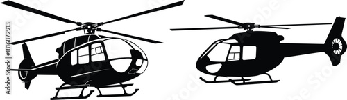 Helicopters shown in a bold black silhouette style 
