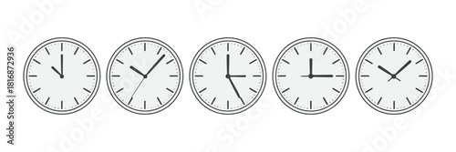 A horizontal arrangement of five identical minimalist analog clocks, each showing a distinct time on a clean white background. Vector