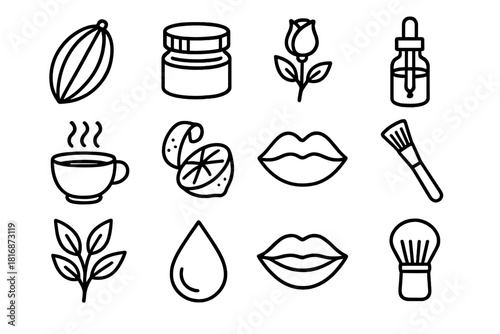 Organic Lip Nourishment Icons. Organic Lip Nourishment linear icon set. cocoa bean, glass jar, bamboo lid, rosebud, almond oil bottle, teacup steam, citrus peel, heart lips