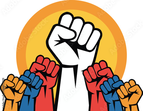 Colorful raised fists in a powerful symbol of unity and revolution