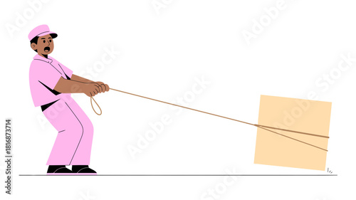 Delivery worker in pink uniform struggling to pull a heavy cardboard box with a rope, symbolizing effort, challenge, and logistics difficulty.