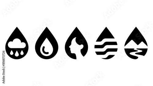 Five minimalist black vector icons in a teardrop shape symbolizing various water elements: rain, drop, human, waves, and natural river settings.