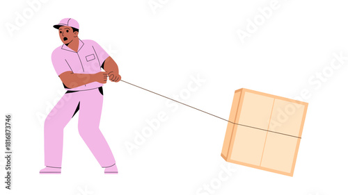 A delivery worker in a pink uniform intensely struggles to pull a very large heavy cardboard box with a rope, showing immense effort and hard work.