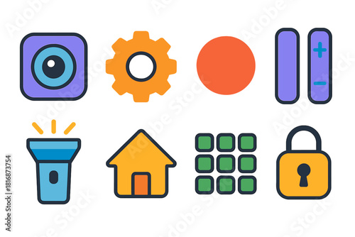Minimalistic Phone Icons. Phone Functions flat icon set: camera lens, settings gear, notification dot, volume buttons, flashlight icon, home button, app grid, lock symbol