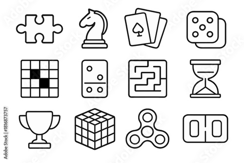 Outline Game Icons. Puzzles and games linear icon set: jigsaw piece, chess knight, playing cards, dice, crossword grid, domino tile, maze path, timer, trophy, puzzle cube, spinner