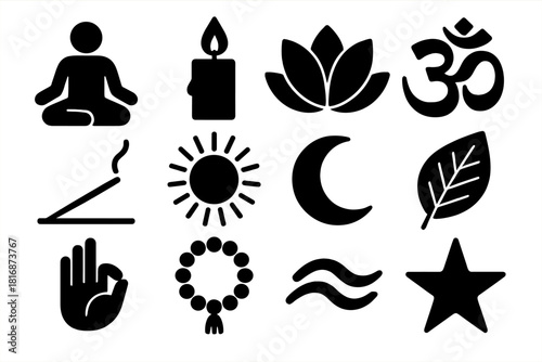 Sacred Sound Icons. Sacred Sound Practice silhouette icon set: meditation figure, candlelight, lotus bloom, mantra symbol, incense stick, sun, moon, leaf, hand pose, beads, breath