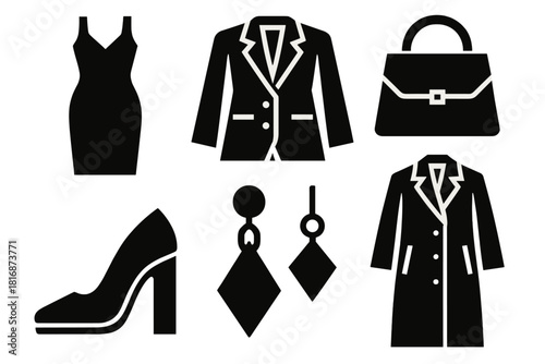 Brutalist Fashion Icons. Modern Fashion Set silhouette icon set: sleek dress, tailored jacket, minimalist bag, heeled shoe, geometric earring, structured coat