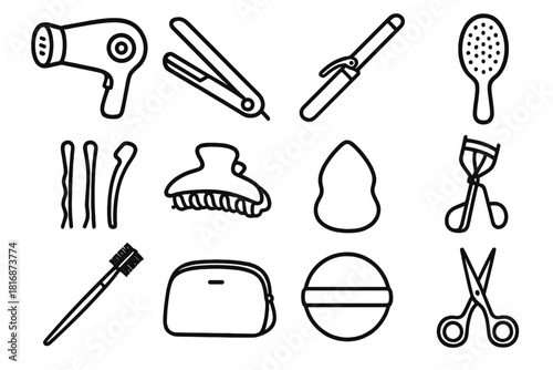 Beauty Tools Collection. Beauty Tools Set linear icon set: hairdryer, straightener, curling wand, hairbrush, bobby pins, clips, cosmetic sponge, eyelash curler, brow brush, makeup