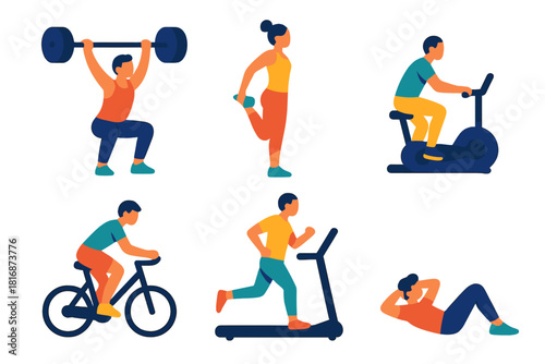 Fitness Icon Set. Gym Activities Set flat icon set: lifting figure, stretching figure, rowing motion, cycling figure, running treadmill, core exercise