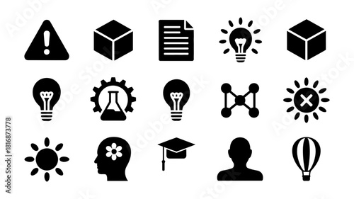 Modern black silhouette vector icons collection for web, apps, and infographics. concepts include innovation, education, science, data, alerts, and user profiles.
