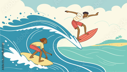 Boy and girl riding skateboard and hoverboard sky-blue outline white fill playful activity modern clean vector