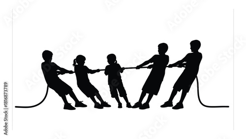 Children playing tug-of-war silhouette isolated on white background, Vector
