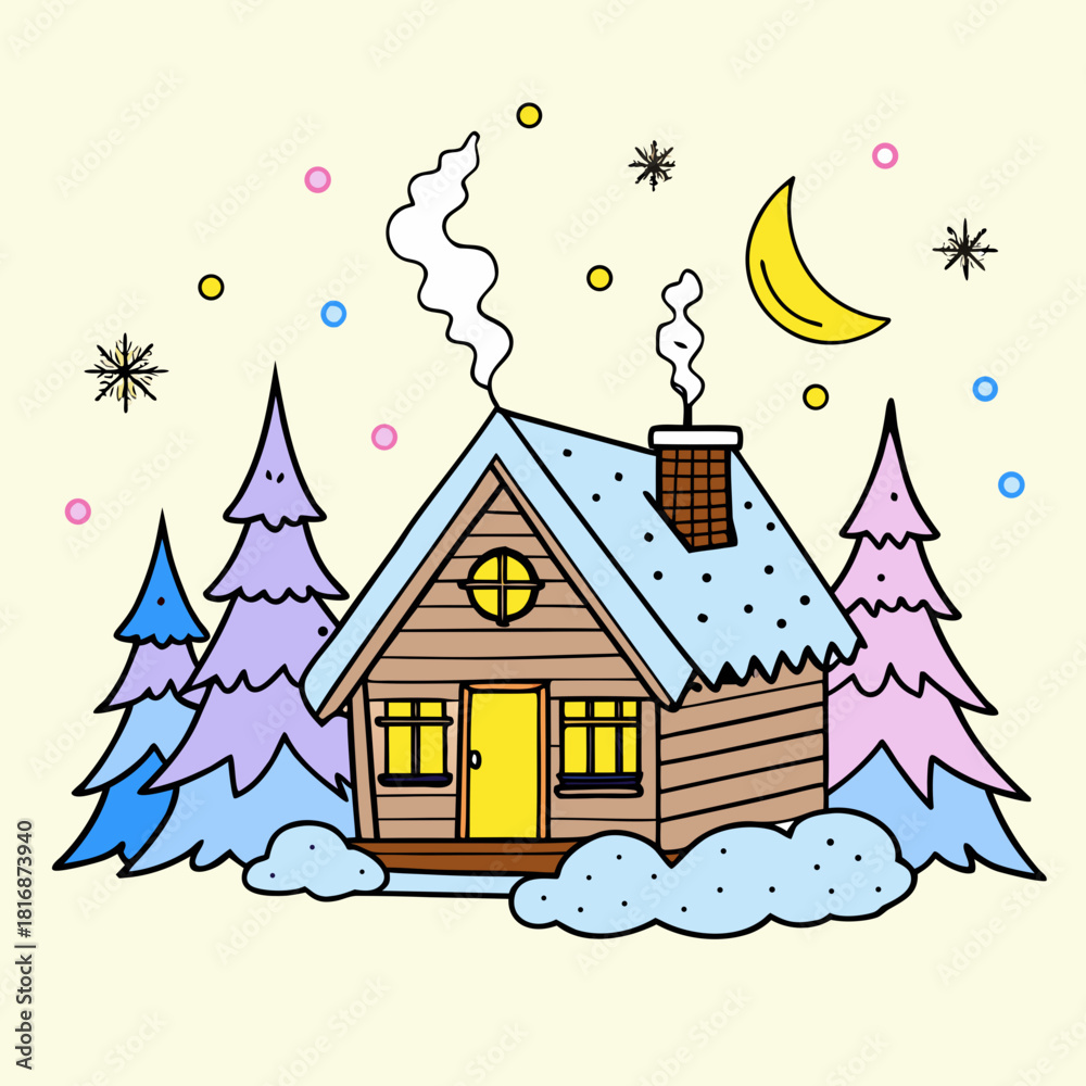 Fototapeta premium Cozy winter cabin scene with snow covered trees and a crescent moon
