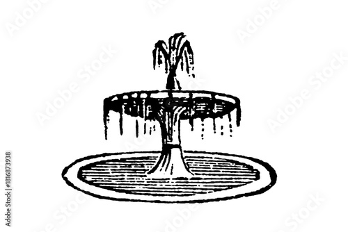 Decorative bowl, antique sculptural composition of the 19th century, antique garden fountain element, old vintage illustration, 1897.